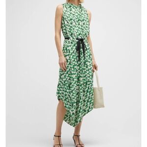 Jason Wu Green Patterned Asymmetric Belted Printed Sleeveless Silk  Midi Dress